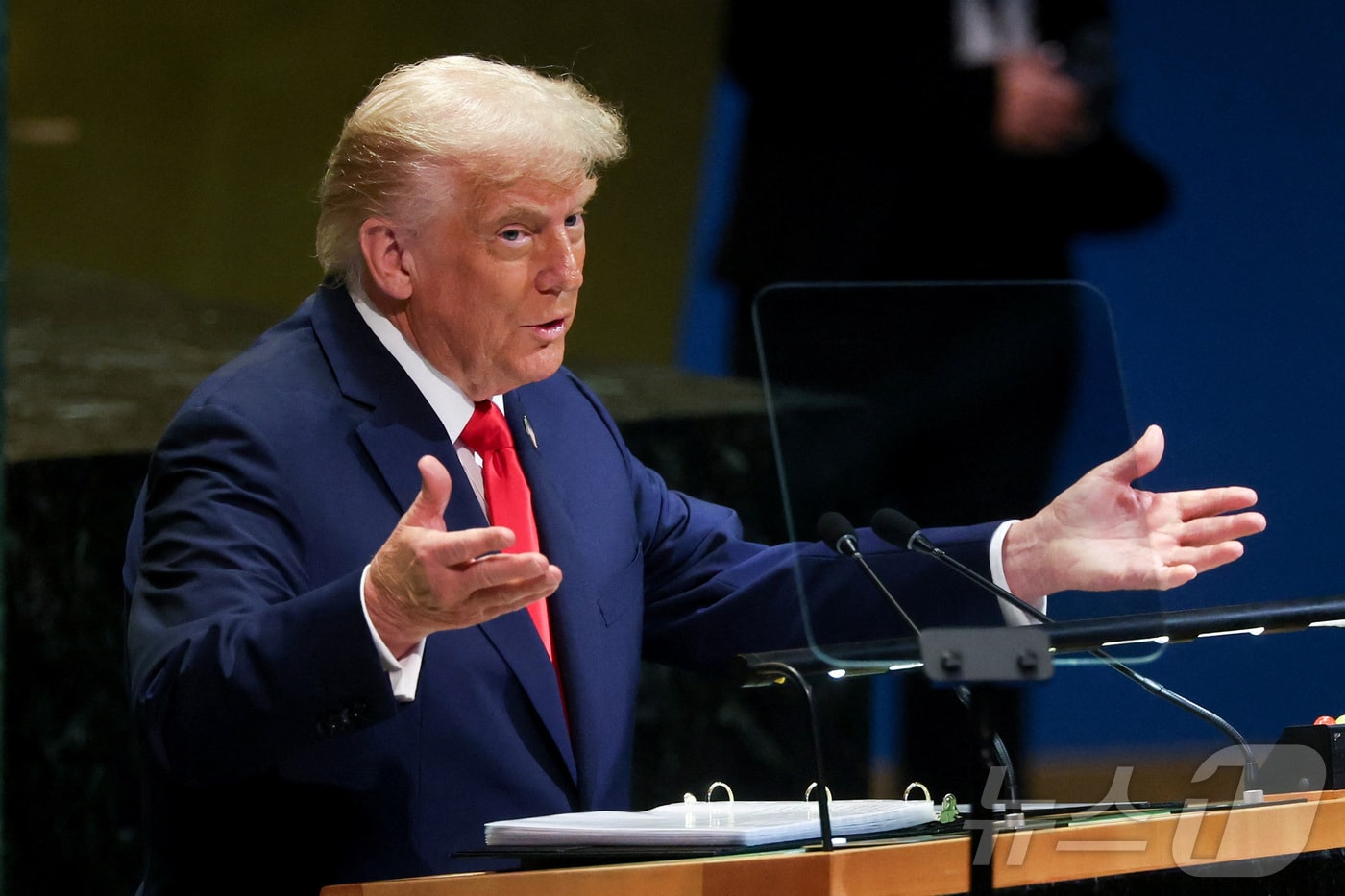 도널드 트럼프 미국 대통령이 23일(현지시간) 미국 뉴욕 유엔 본부에서 열린 제80차 유엔 총회에서 연설하고 있다. ⓒ 로이터=뉴스1 ⓒ News1 황기선 기자