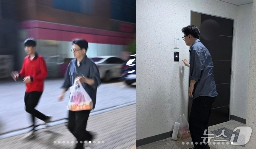  한동훈 전 국민의힘 대표가 지난 23일 밤 경남 진주의 한 치킨 체인에서 배달 아르바이트에 나선 모습을 자신의 SNS에 소개했다. 주문한 치킨을 아파트까지 배달한  한 전 대표는 초인종을 누른 뒤 곧장 빠져 나와 주문자가 자신과 마주칠 일이 전혀 없었다고 했다. (SNS 갈무리) ⓒ 뉴스1