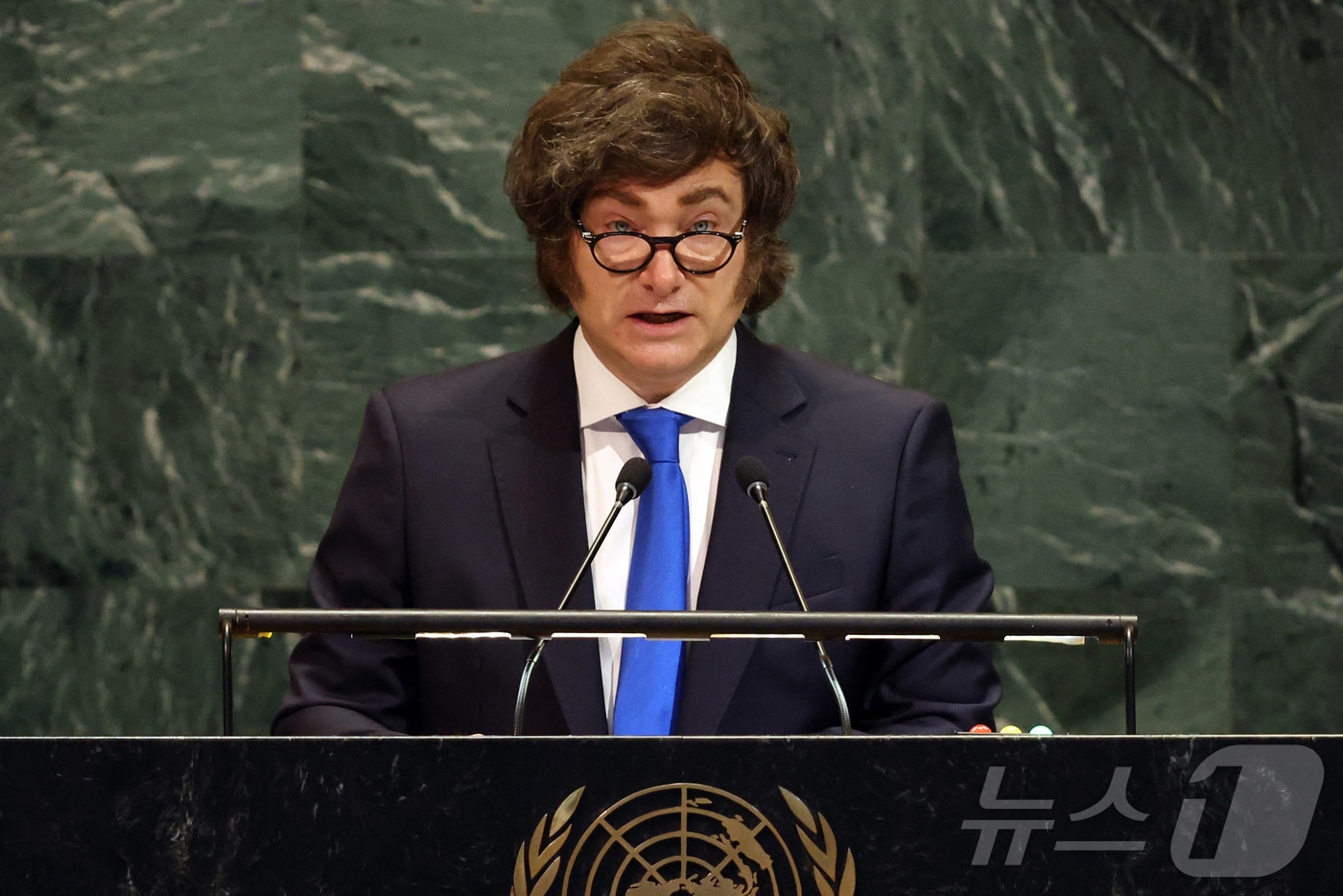 하비에르 밀레이 아르헨티나 대통령이 24일(현지시간) 미국 뉴욕에서 열린 유엔 총회에서 연설하고 있다. 2025.9.24 ⓒ AFP=뉴스1