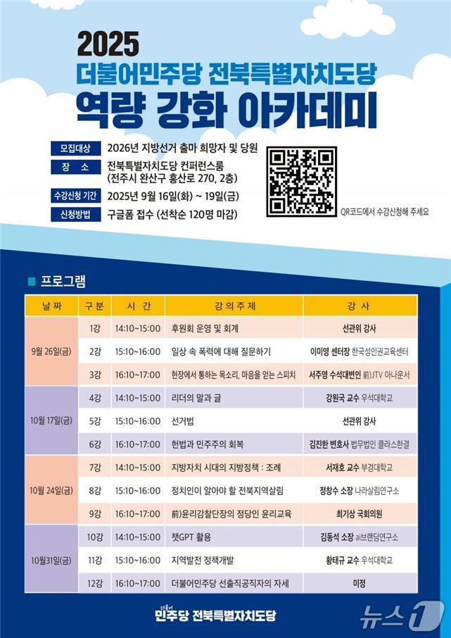 더불어민주당 전북도당이 2026년 지방선거 출마 희망자와 당원을 대상으로 '역량 강화 아카데미'를 운영한다./뉴스1