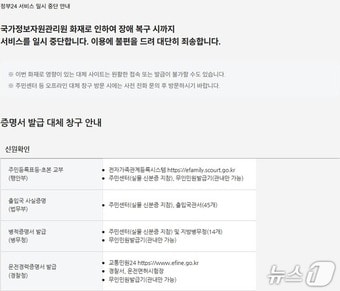 부산 수영구 누리집에 올라온 '서비스 일시 중단 안내' 게시글.(부산 수영구 누리집 갈무리. 재판매 및 DB금지)