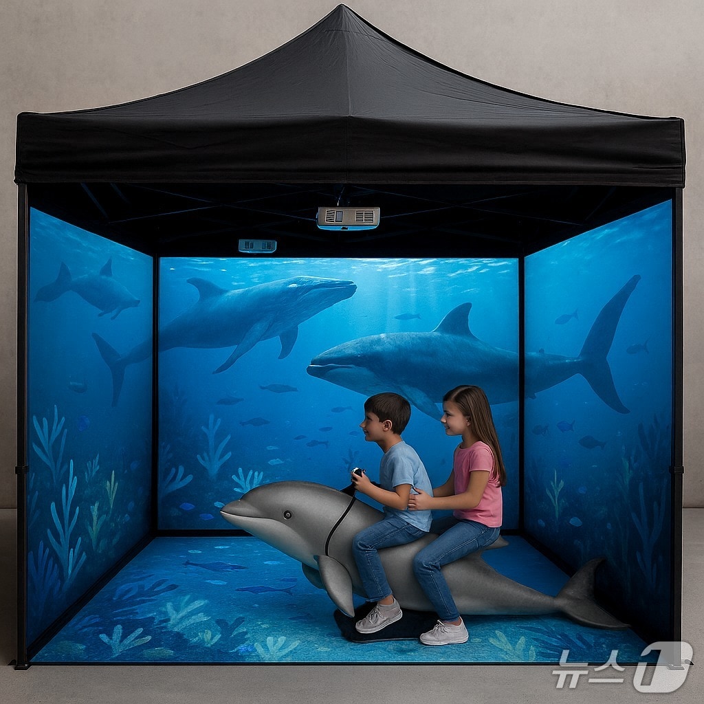 바닥·벽면 센서가 참가자의 움직임을 인식해 바다 속 생태계가 반응하는 5D 형태의 몰입형 공간인 '고래바다 탐험' 모습.(울산 동구 제공. 재판매 및 DB금지)/뉴스1