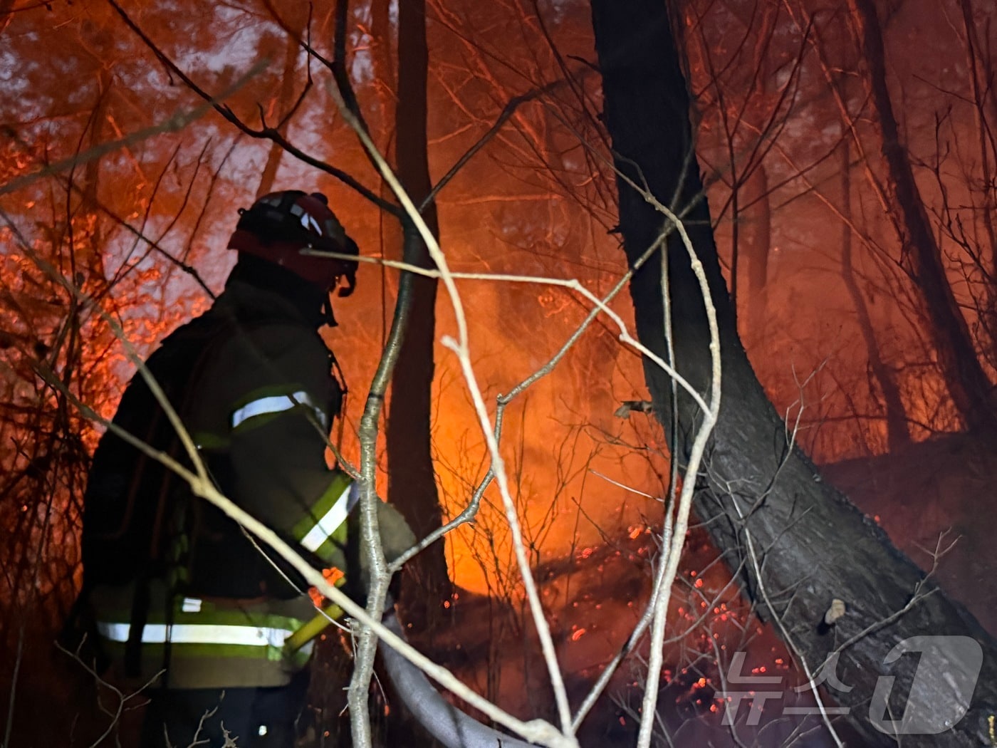 지난 10일 오후 3시 14분쯤 경북 의성군 의성읍 비봉리의 한 야산에서 대형 산불이 발생해 소방 당국이 대응2단계를 발령하고 야간 진화에 나서고 있다. (경북소방안전본부 제공. 재판매 및 DB 금지) 2026.1.10/뉴스1 ⓒ News1 남승렬 기자
