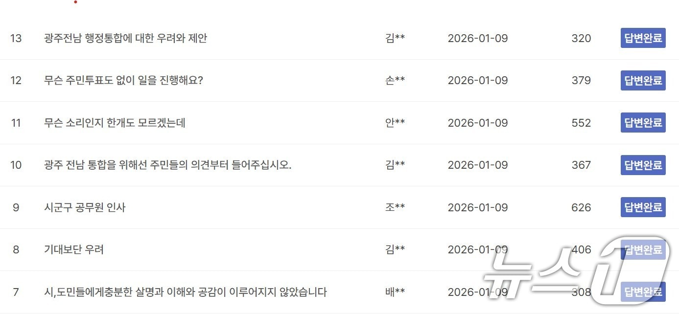 광주시 누리집 광주·전남 행정통합 플랫폼 의견수렴 게시판. (화면 캡처. 재판매 및 DB 금지) 2026.1.13/뉴스1