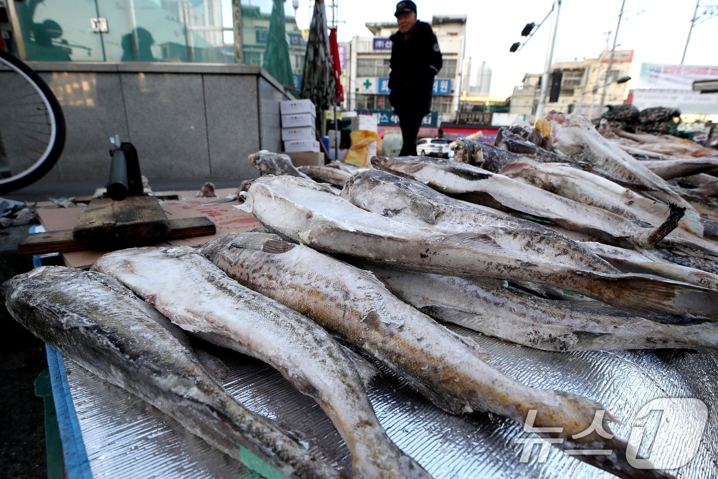 매서운 한파가 맹위를 떨친 14일 오전 대구 북구 칠성시장 난전에 나온 동태가 꽁꽁 얼어 있다. 2026.1.14/뉴스1 ⓒ News1 공정식 기자