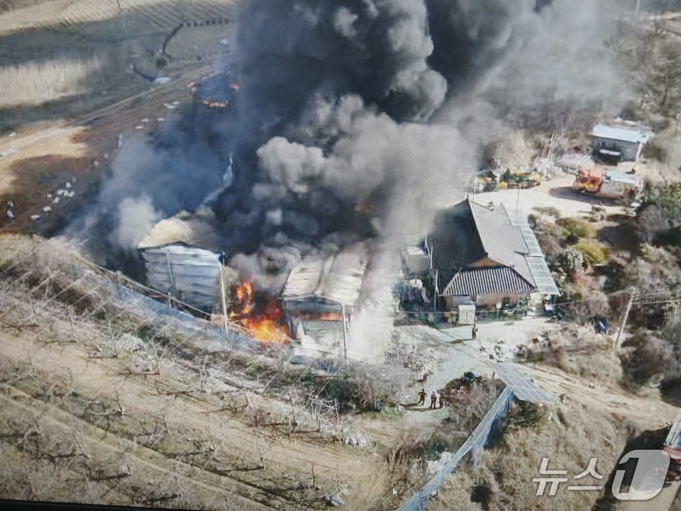 17일 낮 12시 53분쯤 전남 함평군 월야면의 한 저온 저장창고에서 불이 나 소방당국이 불을 진화하고 있다.(전남소방 제공. 재판매 및 DB 금지)