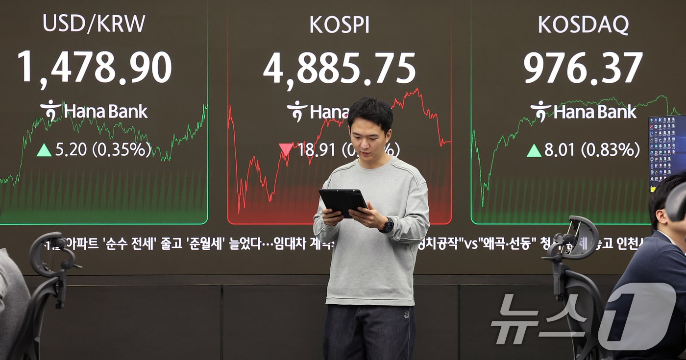 코스피가 12거래일 연속 상승세를 멈추고 숨 고르기에 들어간 20일 오후 서울 중구 하나은행 본점 딜링룸 전광판에 종가가 표시되고 있다.  2026.1.20/뉴스1 ⓒ News1 오대일 기자