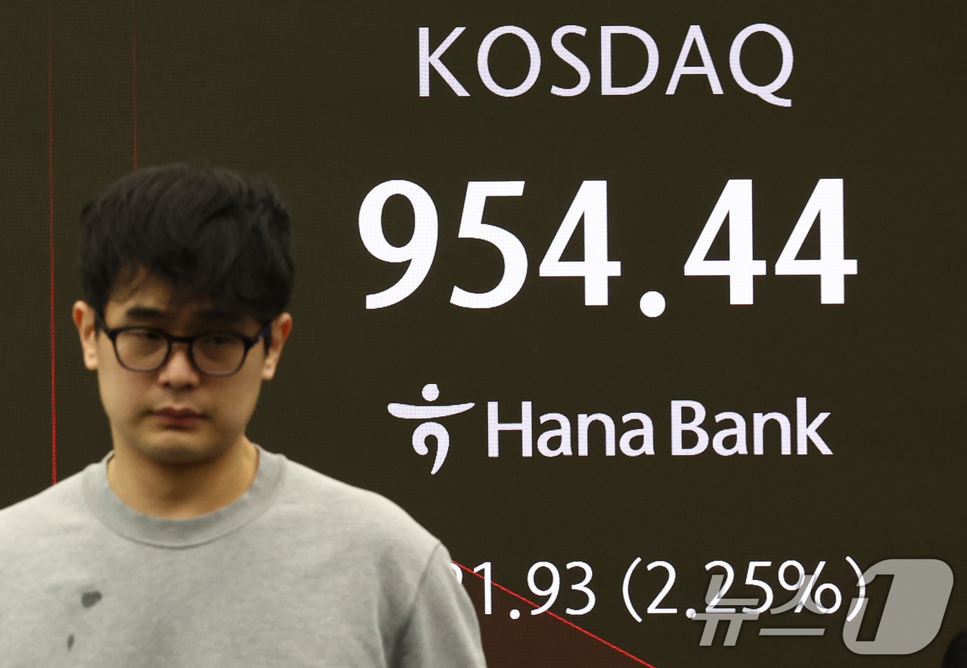 그린란드 사태 충격으로 미국 증시가 일제히 급락한 21일 오전 서울 중구 하나은행 본점 딜링룸 전광판에 코스닥 지수가 표시되어 있다. 2026.1.21/뉴스1 ⓒ News1 최지환 기자