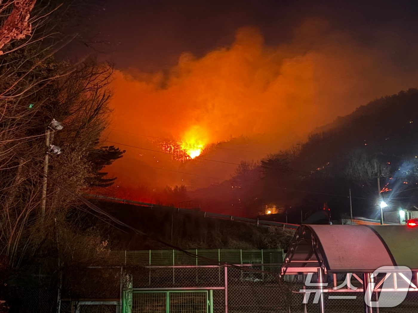 21일 오후 전남 광양 옥곡면 백운산 자락서 난 산불이 야간까지 이어지면서 소방당국이 대응 2단계를 발령하고 진화에 총력을 다하고 있다. 2026.1.21/뉴스1 ⓒ News1 김성준 기자