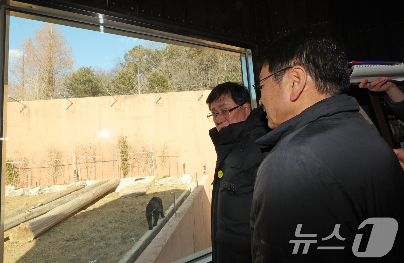 광주 북구 생용동 우치공원 동물원에서 김성환 기후에너지환경부 장관이 강기정 시장에게 판다 수용 여건에 대한 설명을 들으며 곰을 바라보고 있다. 2026.1.22 ⓒ 뉴스1 박지현 기자