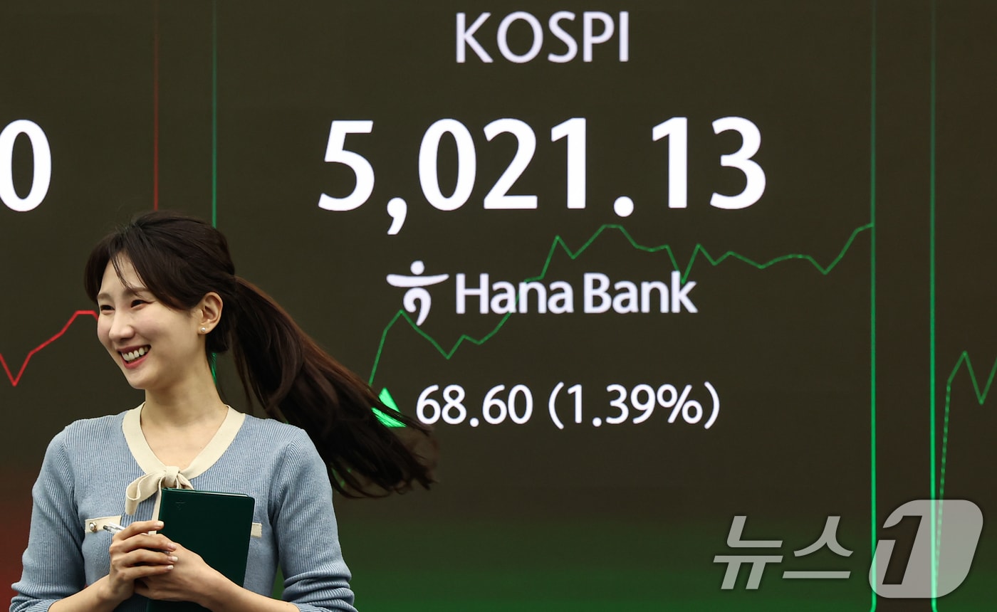23일 서울 중구 하나은행 딜링룸 전광판에 코스피 시황이 표시되고 있다. 이날 코스피는 전 거래일 대비 31.55p(0.64%) 오른 4952.53, 코스닥은에 6.80p(0.70%) 상승한 977.15에 거래를 시작했다. 2026.1.23/뉴스1 ⓒ News1 김도우 기자