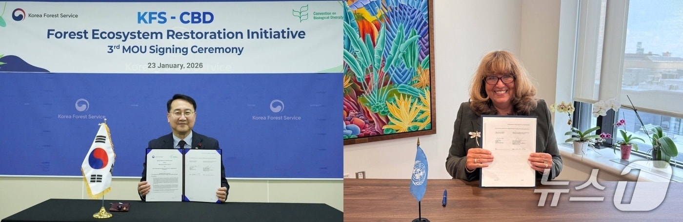 김인호 산림청장(왼쪽)이 생물다양성협약(CBD) 사무국과 ‘산림생태계복원 이니셔티브(FERI)’ 사업 양해각서를 체결하고 있다. (산림청 제공.재판매 및 DB 금지)/뉴스1