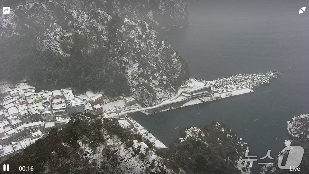 25일 낮 12시 30분을 기해 경북 울릉도와 독도에 내려졌던 대설주의보가 해제됐다. 사진은 이날 오후 독도전망대에서 본 울릉군 울릉항 실시간 LIVE(라이브)방송 갈무리. (재판매 및 DB 금지)