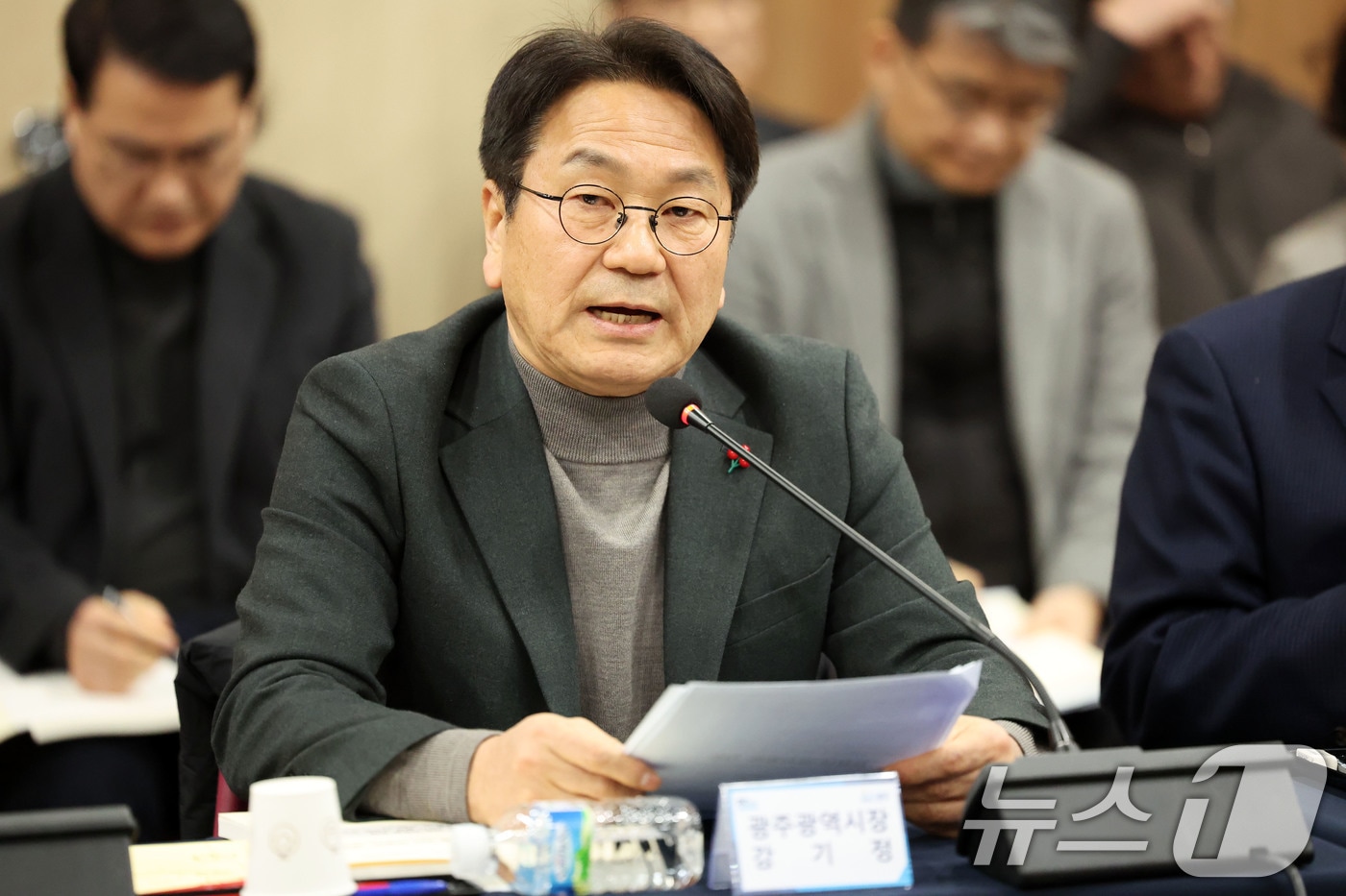 강기정 광주시장이 25일 광주 서구 김대중컨벤션센터에서 열린 광주전남 행정통합 특별법 제정을 위한 간담회에서 발언하고 있다. 2026.1.25 ⓒ 뉴스1 이승현 기자