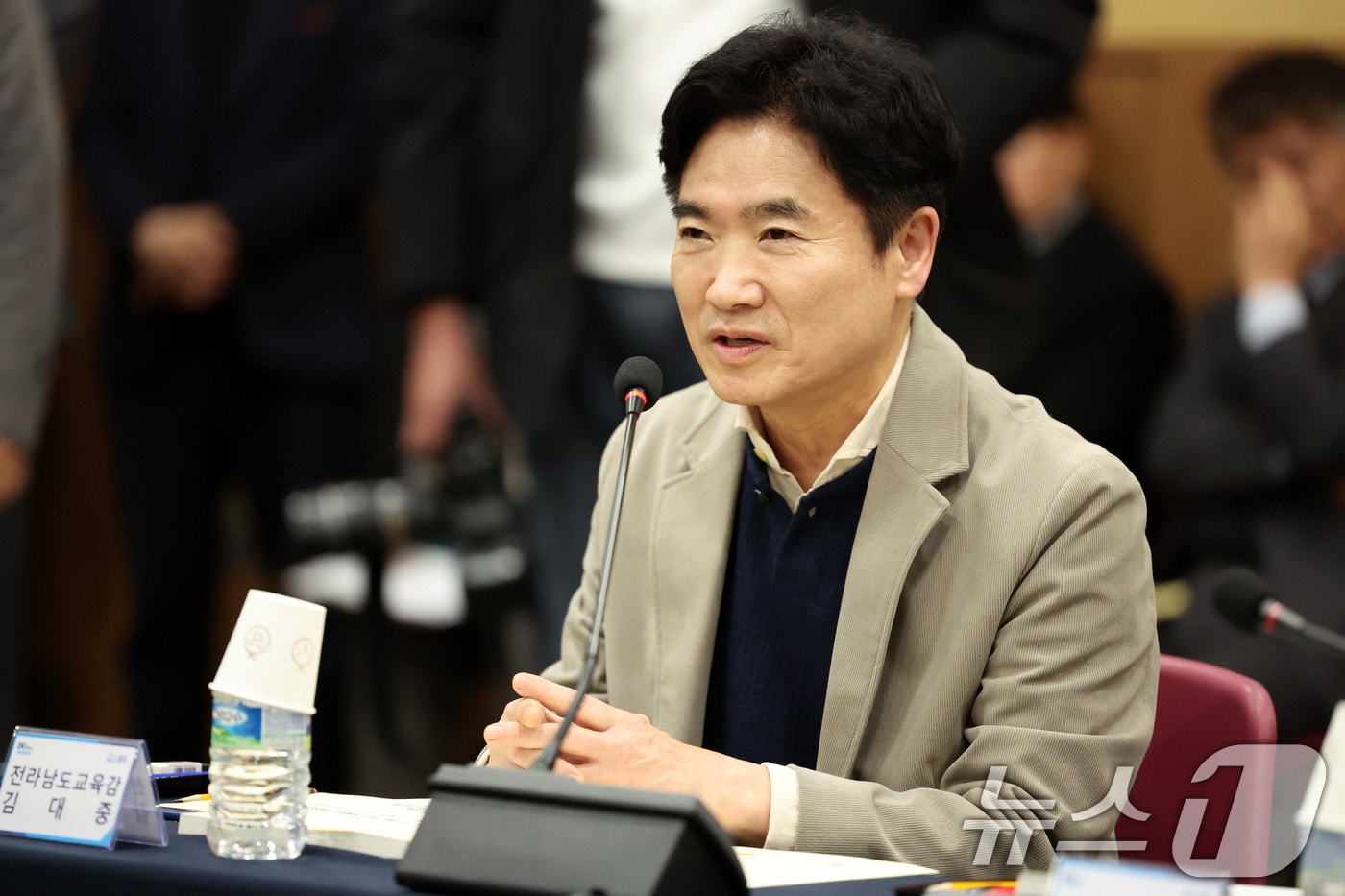 김대중 전남도교육감이 25일 광주 서구 김대중컨벤션센터에서 열린 광주전남 행정통합 특별법 제정을 위한 간담회에서 발언하고 있다. 2026.1.25 ⓒ 뉴스1 이승현 기자