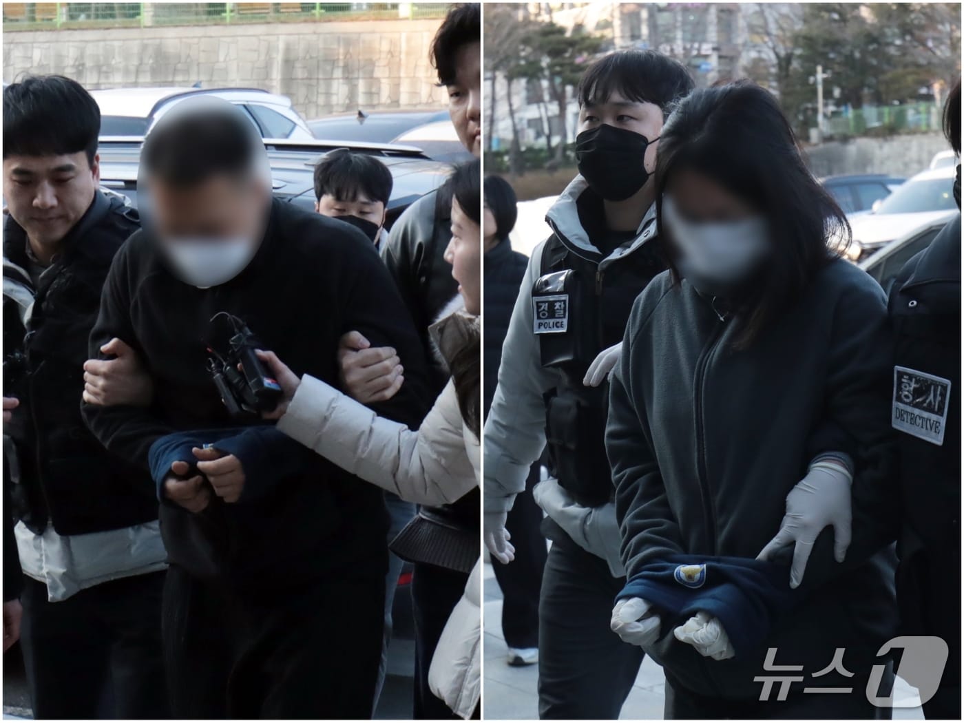 캄보디아를 거점 삼아 120억원대 '로맨스스캠' 사기를 벌인 한국인 총책 부부가 지난 23일 울산경찰청으로 연행되고 있다.2026.1.23./뉴스1 ⓒ News1 김세은 기자