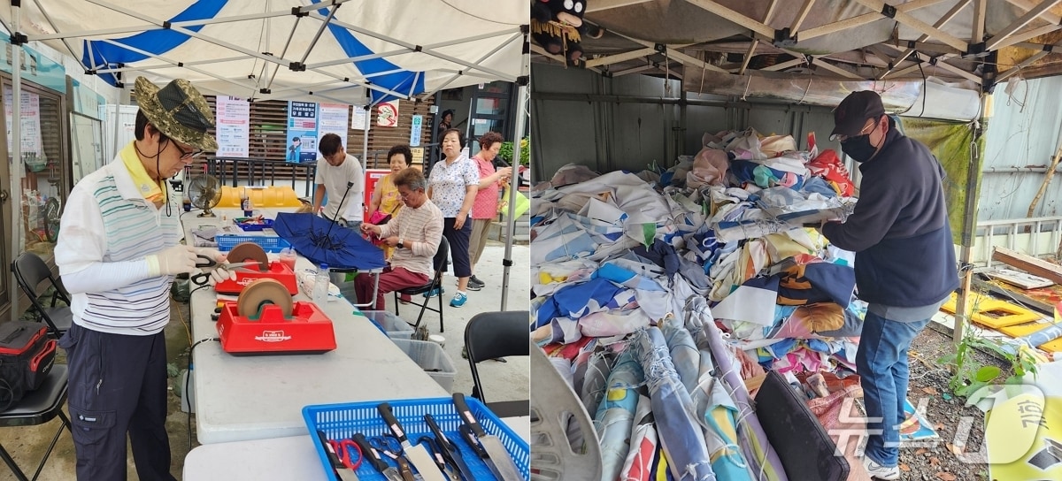 지난해 지역공동체 일자리(칼갈이, 폐현수막 재생사업)에 참여 중인 주민들(관악구청 제공)