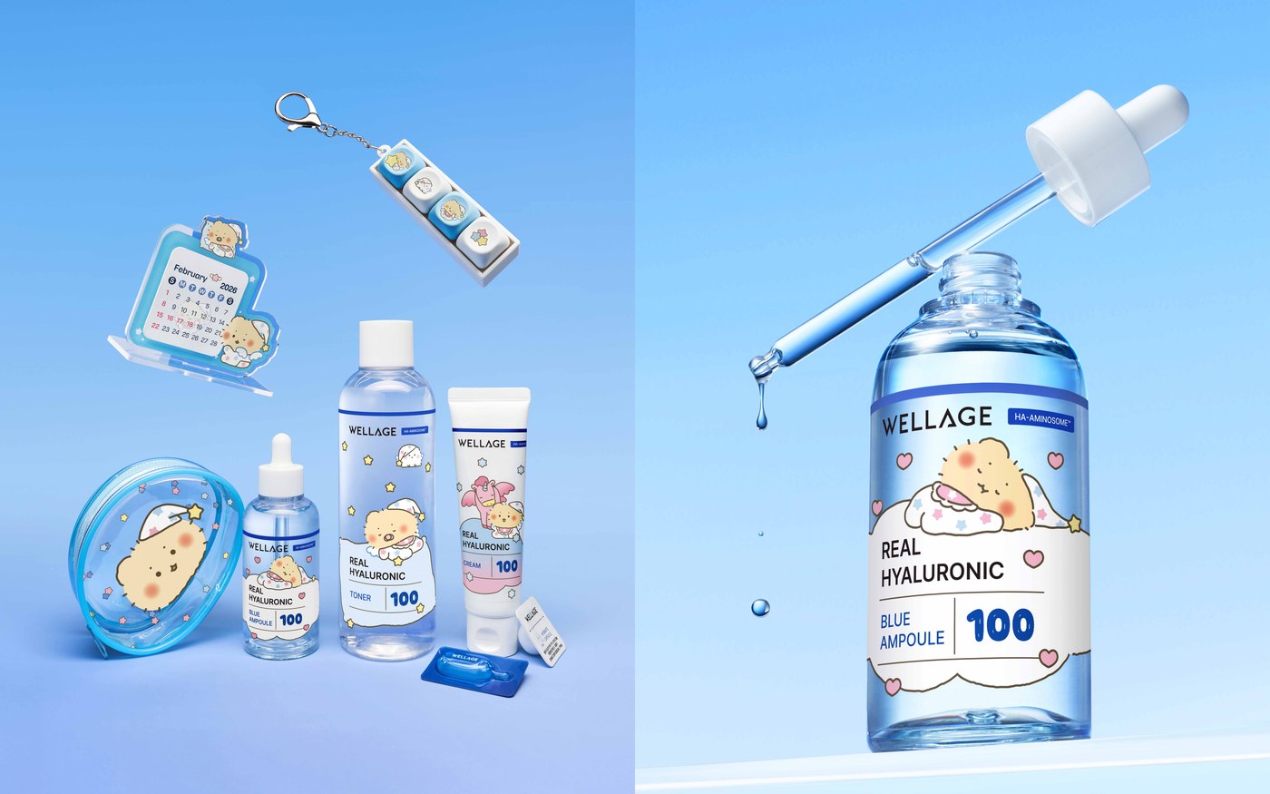 (좌) '올리브영 X 망그러진 곰' 콜라보 캠페인에 참여한 웰라쥬 제품 4종 및 굿즈 증정품 (우) 웰라쥬 리얼 히알루로닉 블루 100 앰플 망곰에디션. (휴젤 제공)