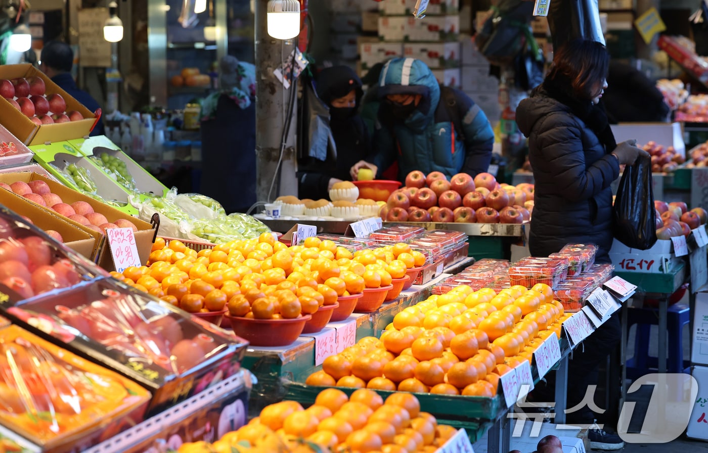 정부가 역대 최대 규모의 공급·할인 대책을 담은 '2026년 설 민생안정 대책'을 발표한 28일 오전 서울 동대문구의 한 전통시장에서 시민들이 장을 보고 있다. 2026.1.28/뉴스1 ⓒ News1 오대일 기자