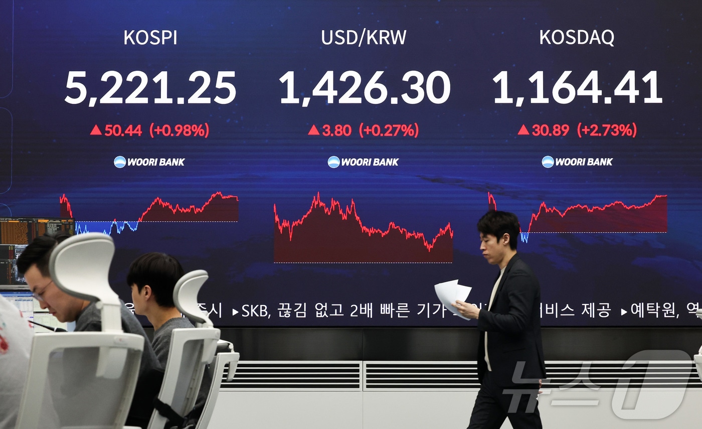 29일 오후 서울 중구 우리은행 본점 딜링룸 전광판에 증시 현황이 표시되어 있다.2026.1.29/뉴스1 ⓒ News1 최지환 기자