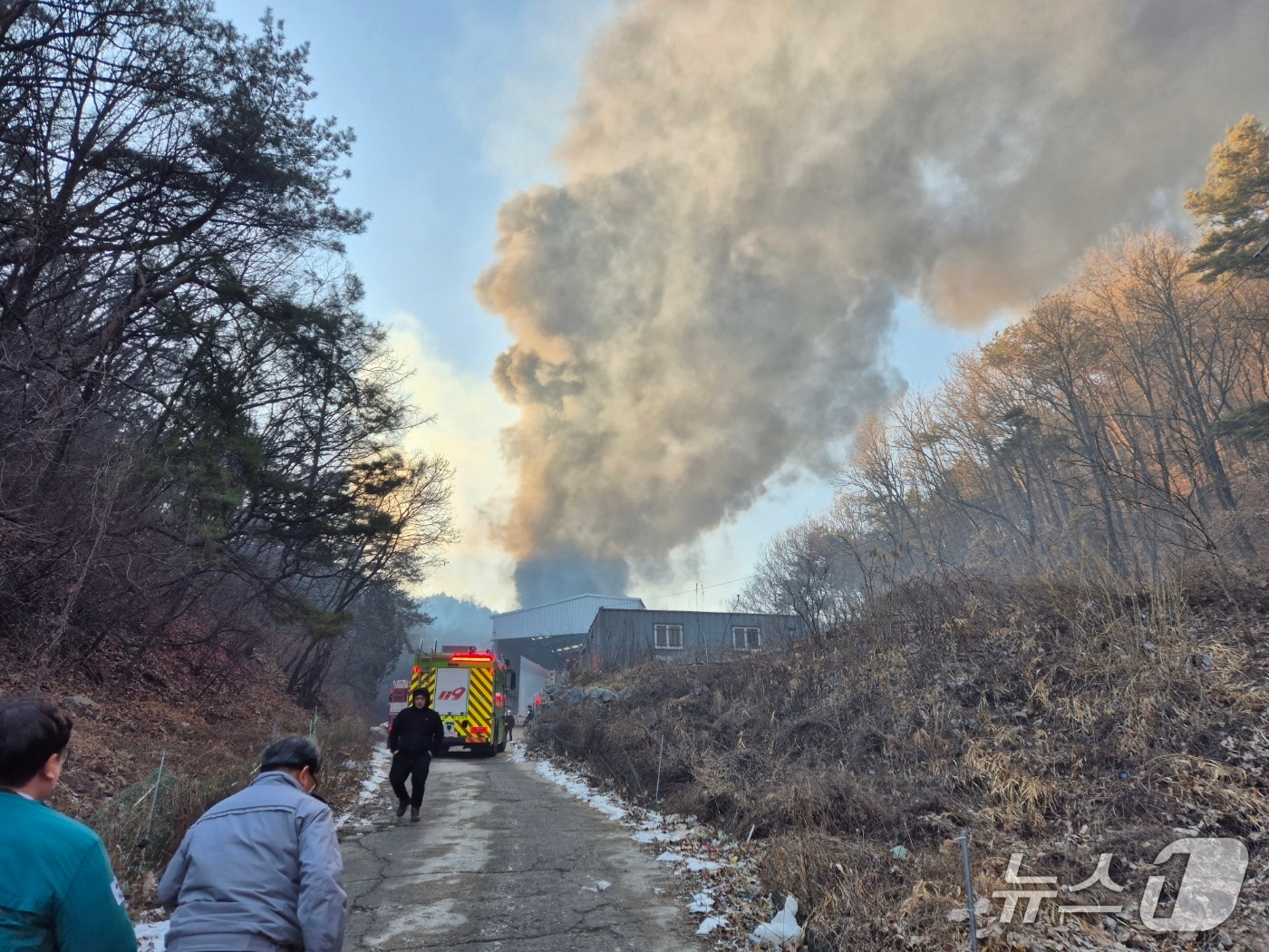 단양군 매포읍 폐기물 업체에서 불이나 인근 야산으로 번진 산불이 진화됐다.(단양군 제공. 재판매 및 DB금지)/뉴스1