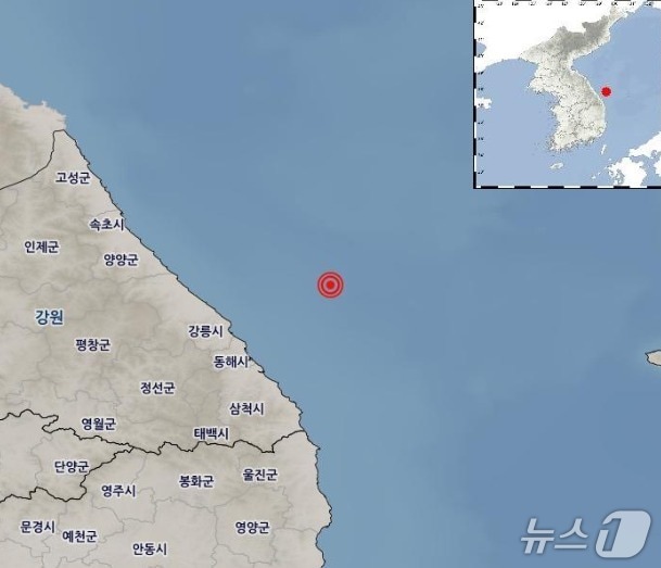 강원 동해 북동쪽 49㎞해역 규모 2.2 지진 발생지역.(기상청 홈페이지 캡처, 재판매 및 DB금지)