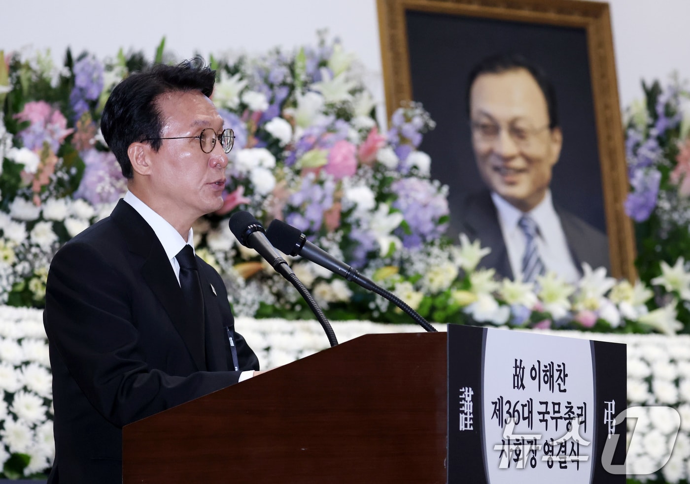 김민석 국무총리가 지난 1월 31일 서울 여의도 국회 의원회관에서 열린 故 이해찬 제36대 국무총리 사회장 영결식에서 조사를 하고 있다. 2026.1.31/뉴스1 ⓒ News1 이재명 기자