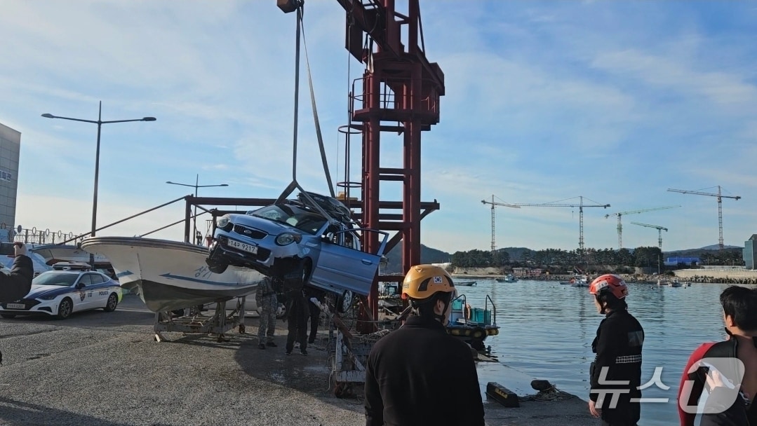 울산해양경찰서는 31일 소방 당국과 함께 부산 기장군 이동항에서 바다에 빠진 차량과 운전자를 구조했다고 밝혔다.(울산해양경찰서 제공. 재판매 및 DB금지)/뉴스1
