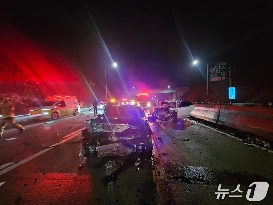 4일 오전 1시 23분께 서해안고속도로 상행선 고창분기점 인근에서 발생한 교통사고 현장에서 수습하던 경찰관 등 2명이 SUV에 치여 숨졌다.(전북 소방 제공. 재판매 및 DB 금지)