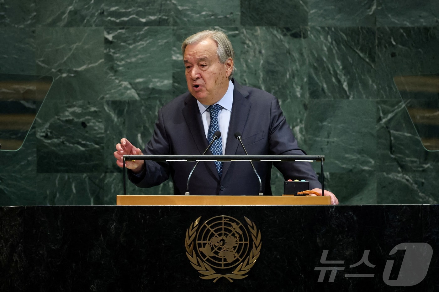 안토니우 구테흐스 유엔 사무총장이 지난해 9월 23일 유엔 본부에서 열린 제80차 유엔 총회에서 연설하고 있다. 2025.9.23. ⓒ 뉴스1 ⓒ 로이터=뉴스1