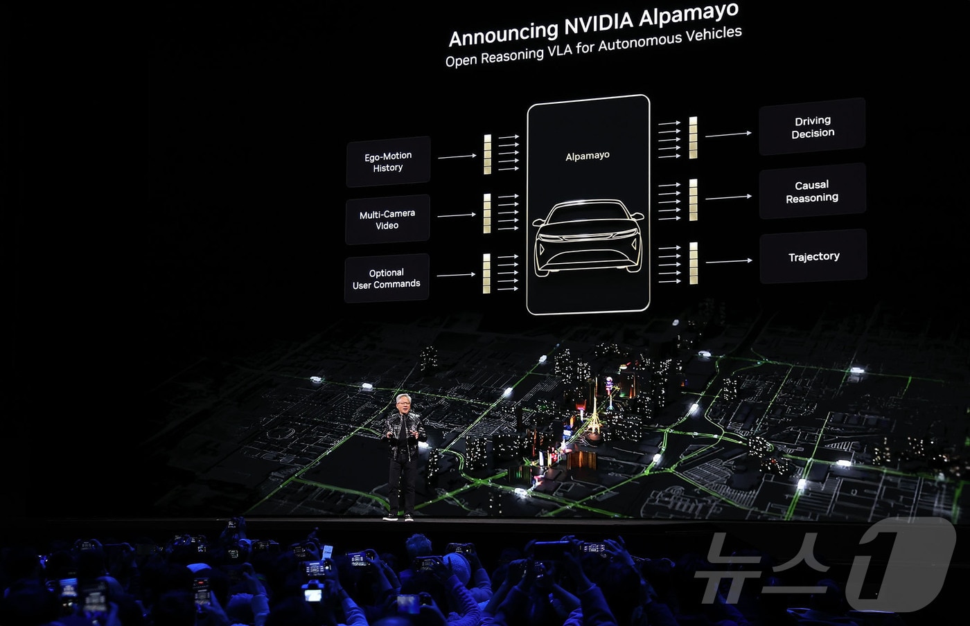 젠슨 황 엔비디아 CEO가 5일(현지시간) 미국 네바다주 라스베이거스 퐁텐블로 호텔에서 열린 엔비디아 CES 2026 라이브에서 기조연설 도중 알파마요에 대해 설명하고 있다. (공동취재) 2026.1.6/뉴스1 ⓒ News1 황기선 기자