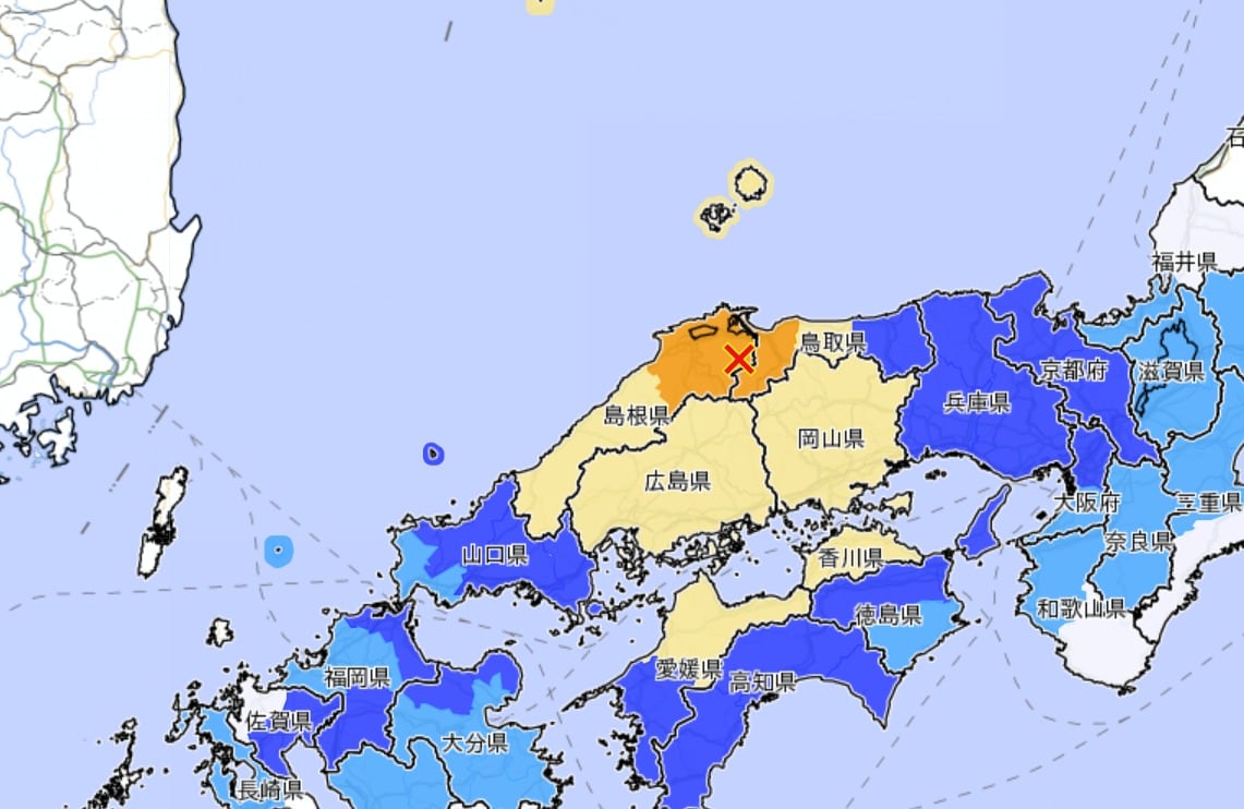 6일 오전 10시 18분쯤 일본 시마네현 동부 야스기시에서 규모 6.2의 지진이 발생했다. 지진 발생 위치는 사진에서 X 표시된 곳. (사진=일본 기상청 웹사이트 갈무리)