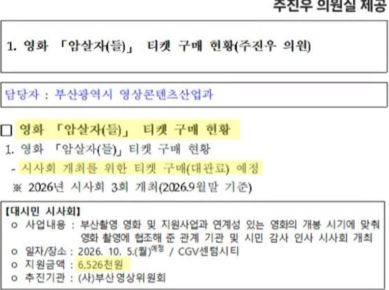 주진우 의원실이 입수해 공개한 '암살자들' 무료 시사회 관련 문건. (주진우 의원실 제공. 재판매 및 DB 금지) ⓒ 뉴스1
