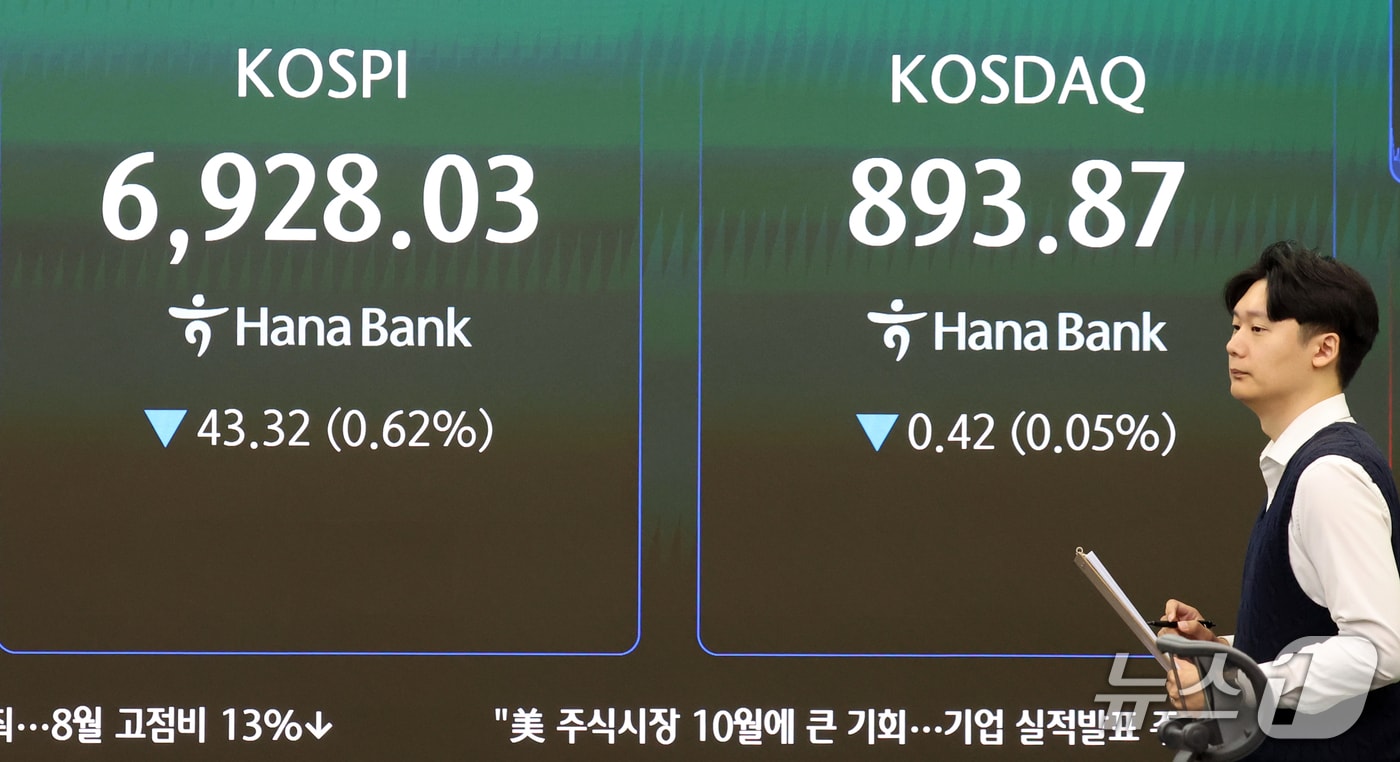 2일 오전 서울 중구 하나은행 본점 딜링룸 전광판에 증시 시황이 표시되고 있다. 2026.10.2 ⓒ 뉴스1 김명섭 기자
