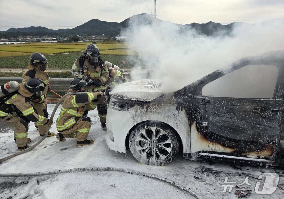 3일 오전 9시 41분께 충남 논산시 가야곡면 호남고속도로 상행선 7.2㎞ 지점에서 주행 중이던 카니발 승용차에 불이 나 소방대원들이 진화하고 있다. (논산소방서 제공. 재판매 및 DB 금지)