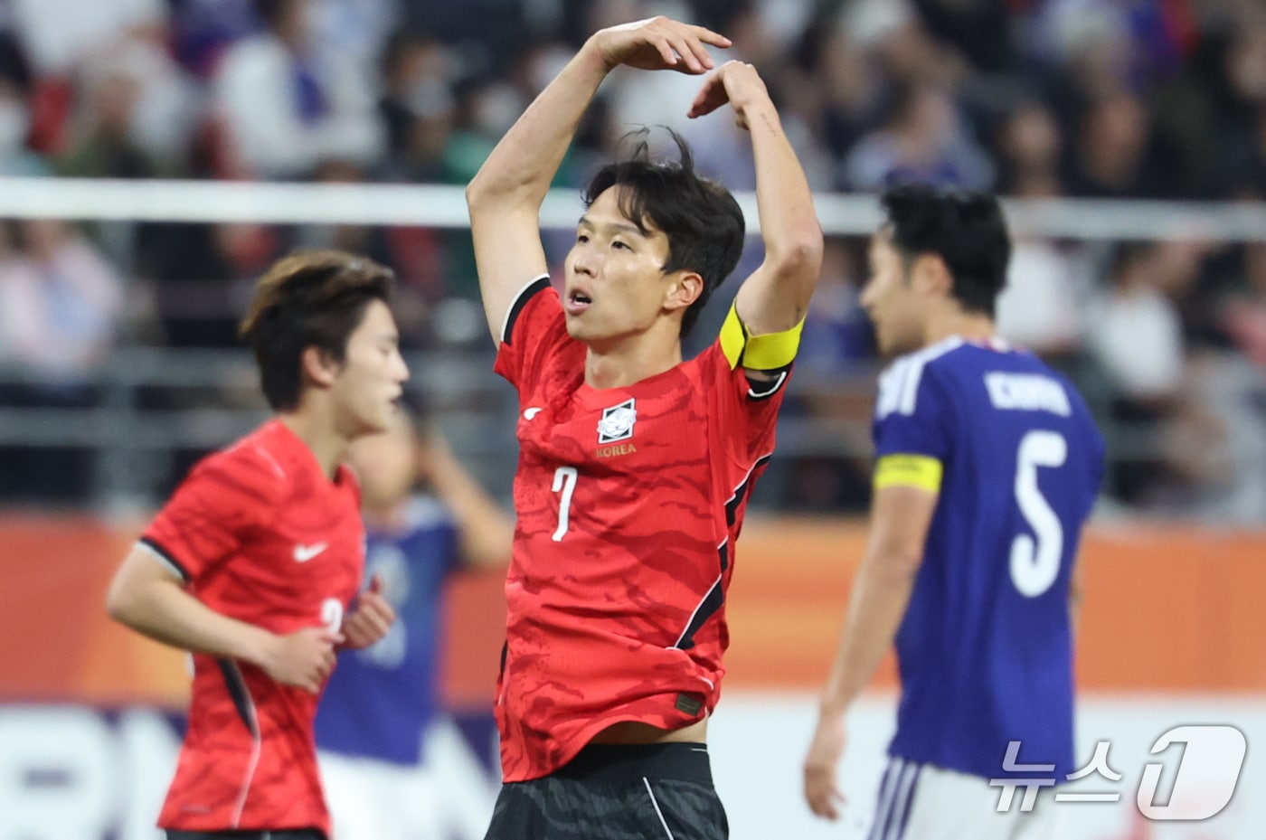 3일 일본 아이치현 도요타 스타디움에서 열린 2026 아이치·나고야 아시안게임 축구 결승전 대한민국과 일본의 경기, 대한민국 엄지성이 선제골을 넣은뒤 세리머니를 하고 있다. 2026.10.3 ⓒ 뉴스1 김도우 기자