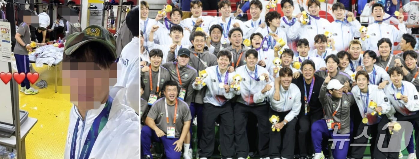 지난 3일 일본 아이치현 도요타 스타디움에서 열린 2026 아이치·나고야 아시안게임 축구 결승전에서 일본을 누르고 우승한 축구대표팀이 금메달을 목에 걸고 기념촬영을 하고 있다. 왼쪽은 라커룸에서 전역모를 쓰고 세리머니를 하고 있는 대표팀 막내 박승수. (SNS 갈무리. 재판매 및 DB 금지) 2026.10.3 ⓒ 뉴스1 김도우 기자