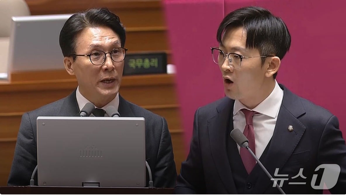  박충권 국민의힘 의원(오른쪽)이 지난 9일 김민석 국무총리를 상대로 한 대정부 질문 도중 우리 군이 할 수 있는 건 "김정은 심기보좌 밖에 없다"고 발언, 김 총리가 "군에 대한 모독을 당장 취소하라"며 격하게 반응했다. (MBC 갈무리) ⓒ 뉴스1