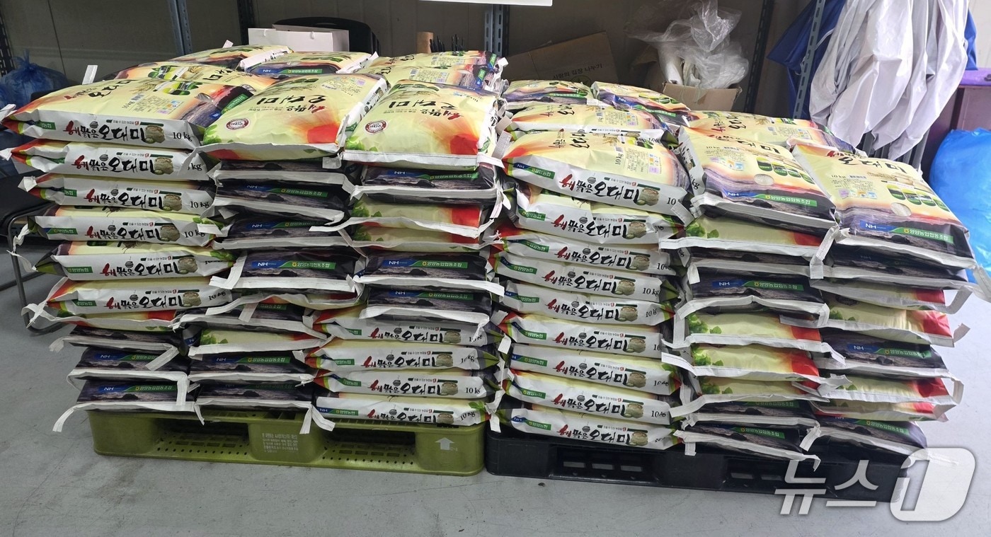강원 강릉 포남2동에 익명의 기부자가 기탁한 쌀 150포.(강릉시 제공, 재판매 및 DB 금지) 2026.2.11/뉴스1