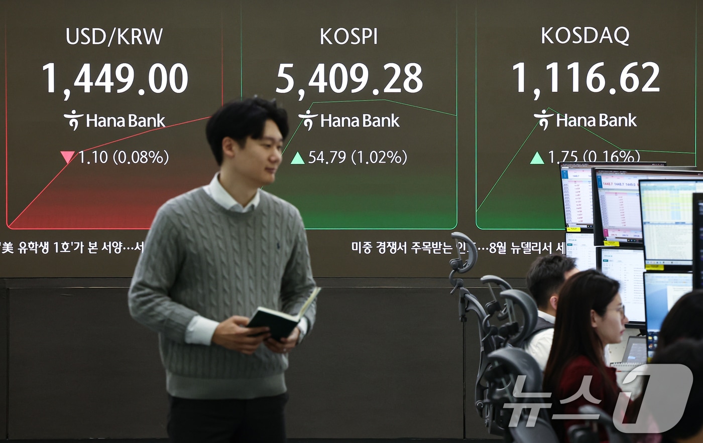 12일 서울 중구 하나은행 딜링룸 전광판에 코스피 등 시황이 표시되고 있다. 이날 코스피는 전 거래일 대비 70.90p(1.32%) 상승한 5425.39, 코스닥은 7.68p(0.69%) 상승한 1122.55에 거래를 시작했다. 2026.2.12 ⓒ 뉴스1 김도우 기자