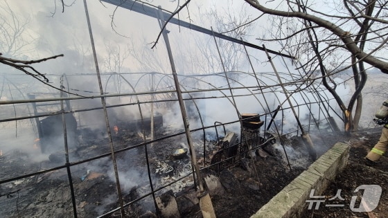 14일 오후 1시 12분께 전북 김제시 석교리의 한 비닐하우스에서 화재가 발생했다.(전북소방본부 제공, 재판매 및 DB 금지)/뉴스1