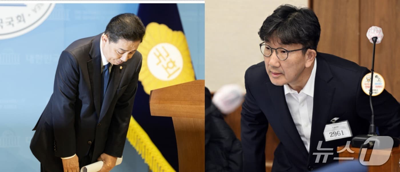 지난 1월 서울 여의도 국회 소통관에서 '더불어민주당 탈당'의 뜻을 밝힌 뒤 인사하고 있는 김병기 의원과 2025년 11월 3일 불법 정치자금 수수 혐의 1차 공판에 출석한 권성동 국민의힘 의원. ⓒ 뉴스1 DB 