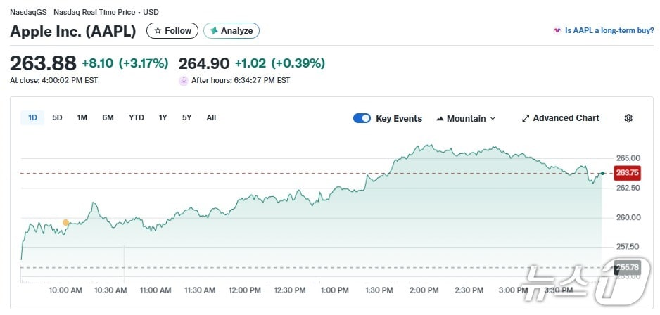 애플 일일 주가 추이 - 야후 파이낸스 갈무리