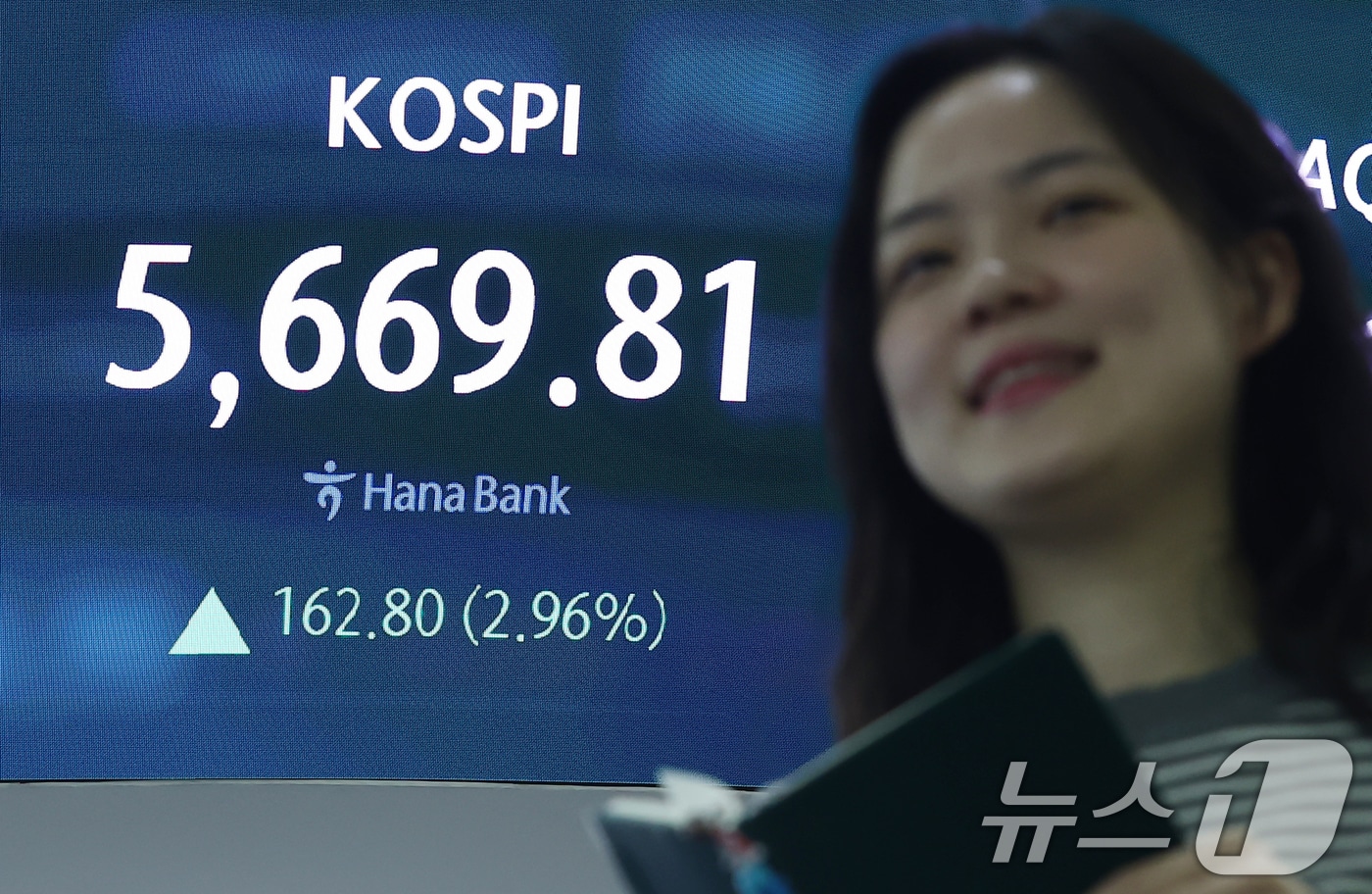 코스피가 사상 처음으로 5600선을 돌파한 19일 오전 서울 중구 하나은행 딜링룸 전광판에 시황이 나오고 있다. 이날 코스피는 전 거래일(5507.01)보다 135.08포인트(2.45%) 오른 5642.09, 코스닥 지수는 전 거래일(1106.08)보다 16.12포인트(1.46%) 오른 1122.20에 거래를 시작했다. ⓒ 뉴스1 김민지 기자