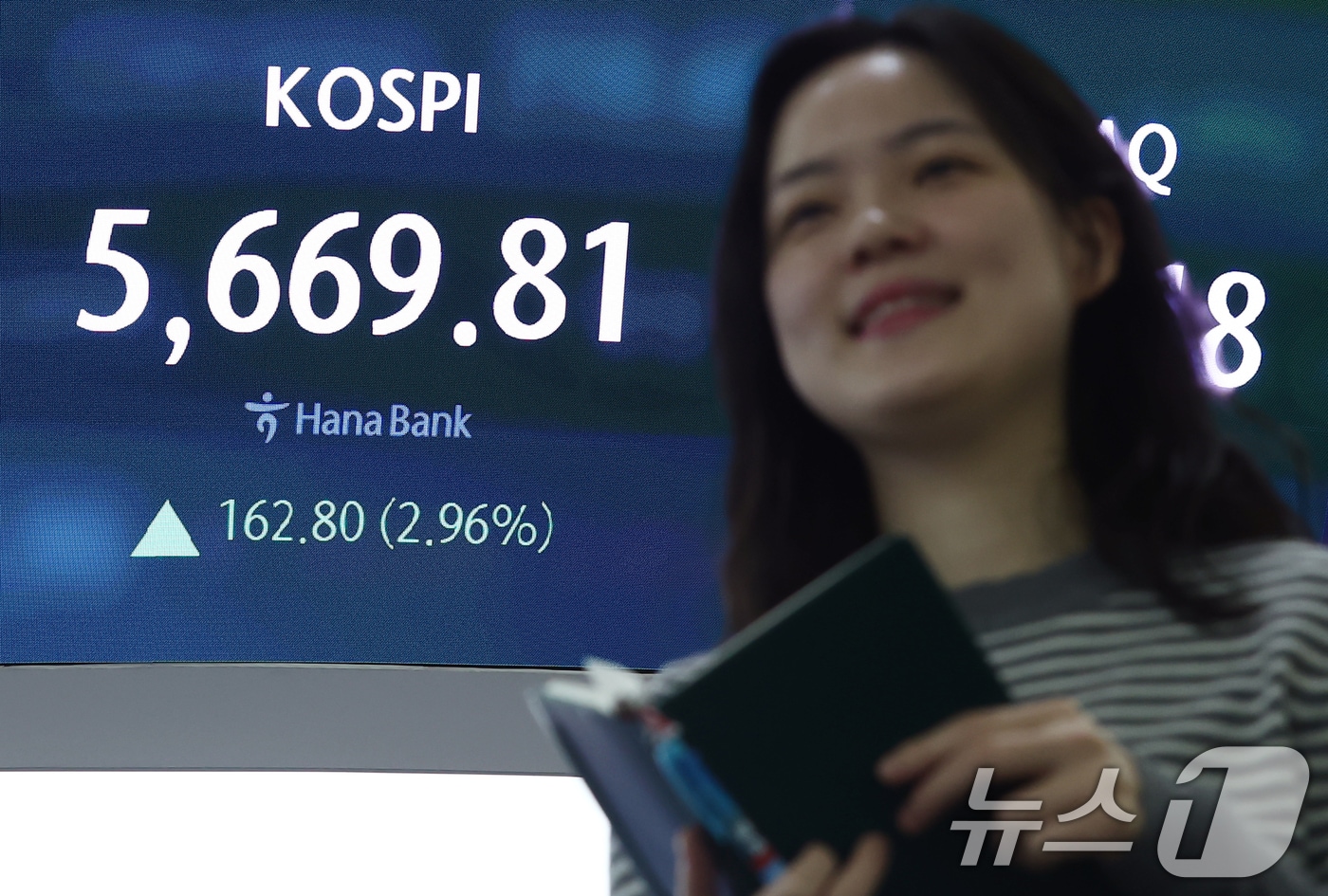 코스피가 사상 처음으로 5600선을 돌파한 19일 오전 서울 중구 하나은행 딜링룸 전광판에 시황이 나오고 있다. 2026.2.19 ⓒ 뉴스1 김민지 기자