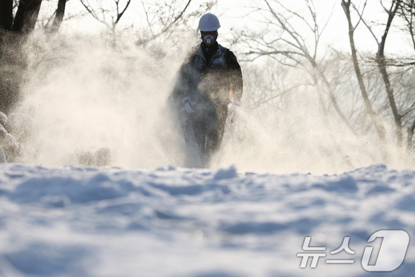 폭설이 내린 2일 오전 서울 용산구 남산에서 작업자가 제설 작업을 하고 있다. 2026.2.2 / ⓒ 뉴스1 김민지 기자