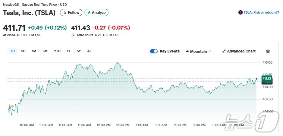 테슬라 일일 주가 추이 - 야후 파이낸스 갈무리