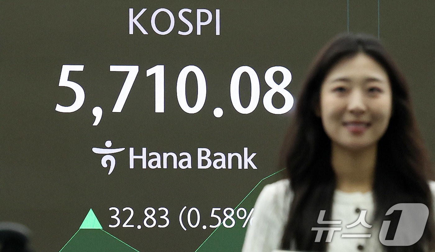코스피가 장중 사상 첫 5700선을 돌파한 20일 오전 서울 중구 하나은행 딜링룸 현황판에 코스피 시황이 나타나고 있다. 2026.2.20 ⓒ 뉴스1 박지혜 기자