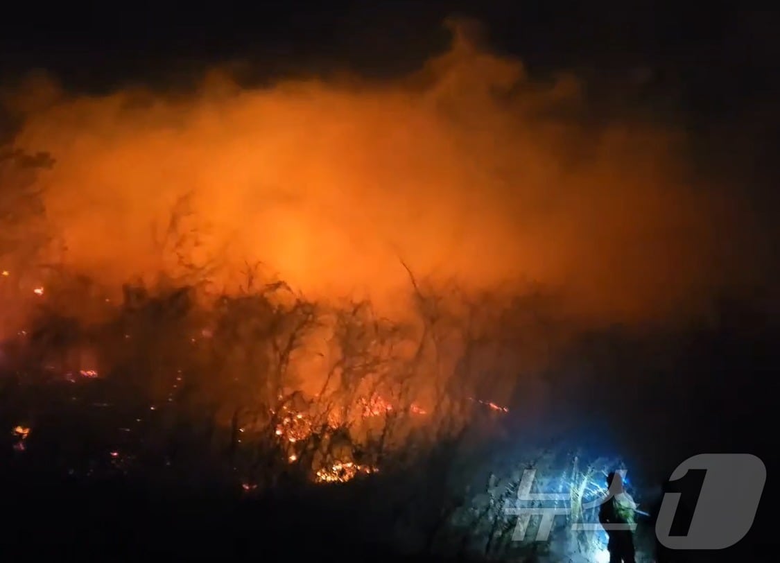 22일 오후 7시 22분쯤 강원 고성군 토성면에서 산불이 발생해 주민 대피 조치가 이뤄진 가운데 소방 당국이 대응 2단계 발령하고 인력과 장비를 동원해 진화 작업을 벌이고 있다. (강원도소방본부 제공. 재판매 및 DB금지) 2026.2.22 ⓒ 뉴스1 신관호 기자