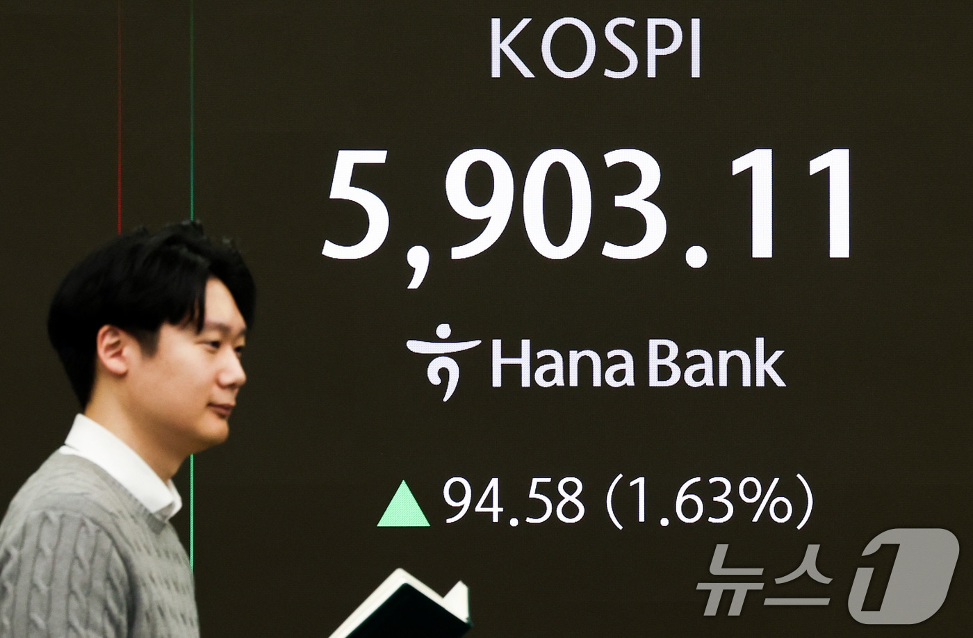코스피가 상승 출발한 23일 서울 중구 하나은행 본점 딜링룸 전광판에 증시 시황이 표시되어 있다. 2026.2.23 ⓒ 뉴스1 최지환 기자
